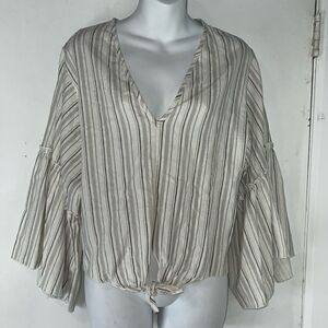 ANTHROPOLOGIE LAVENDER FIELD Linen Blend Striped Bell Sleeve V Neck Top-M